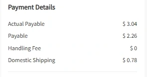 A payment details panel listing actual payable, payable, handling fee and domestic shipping as four separate lines