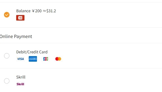 A list of payment options showing an account balance, a debit and credit card row with four card network logos, and a wallet option