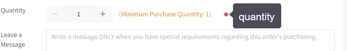 An order panel showing a quantity stepper with a minimum purchase note beside it, above a message box whose placeholder asks for a message only when the order has special requirements