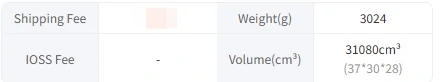 A four cell panel on the parcel screen listing shipping fee, IOSS fee, the weight in grams and the volume in cubic centimetres with the three box dimensions printed beside it