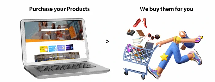 Two illustrated panels joined by an arrow, the first a laptop with a shop open on screen, the second a figure running with a cart full of goods