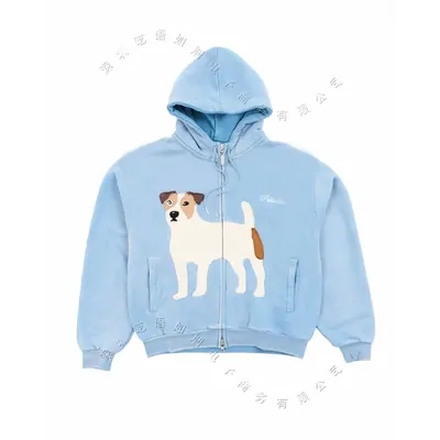 A pale blue zip-up hoodie with a printed dog on the chest
